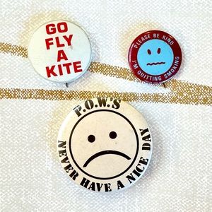 Set of 3 Vintage 1970s Novelty Pinback Buttons • Counterculture Humor